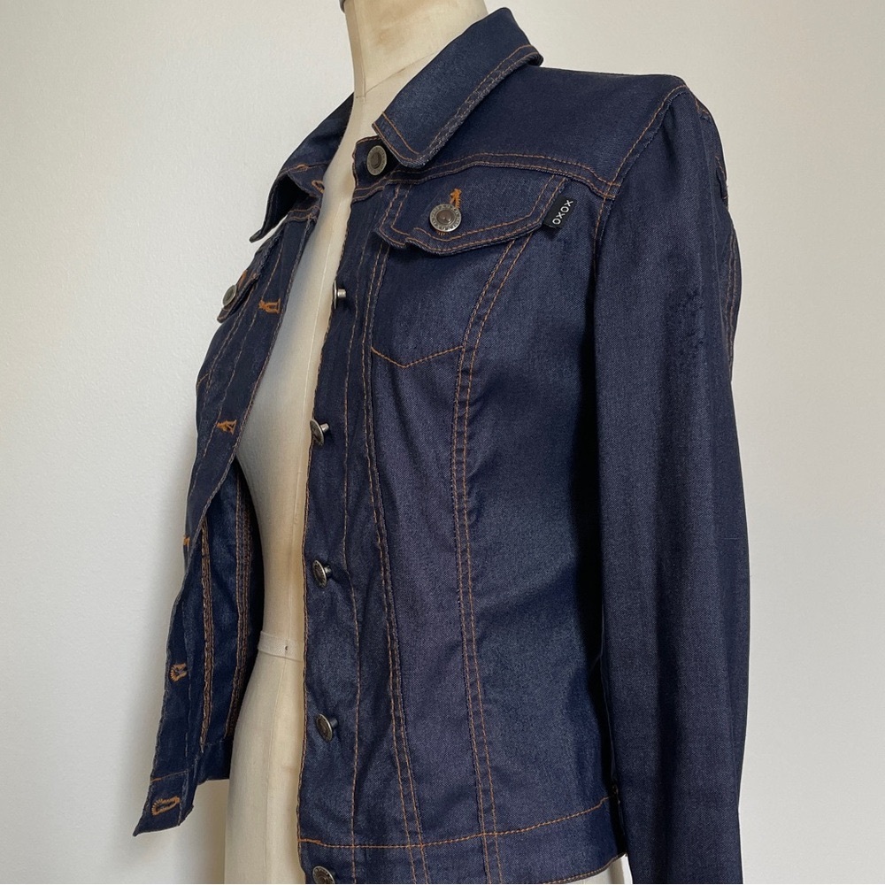 XOXO Stretchy Classic Dark Blue Jean Jacket with Brown Stitching S Made in USA
